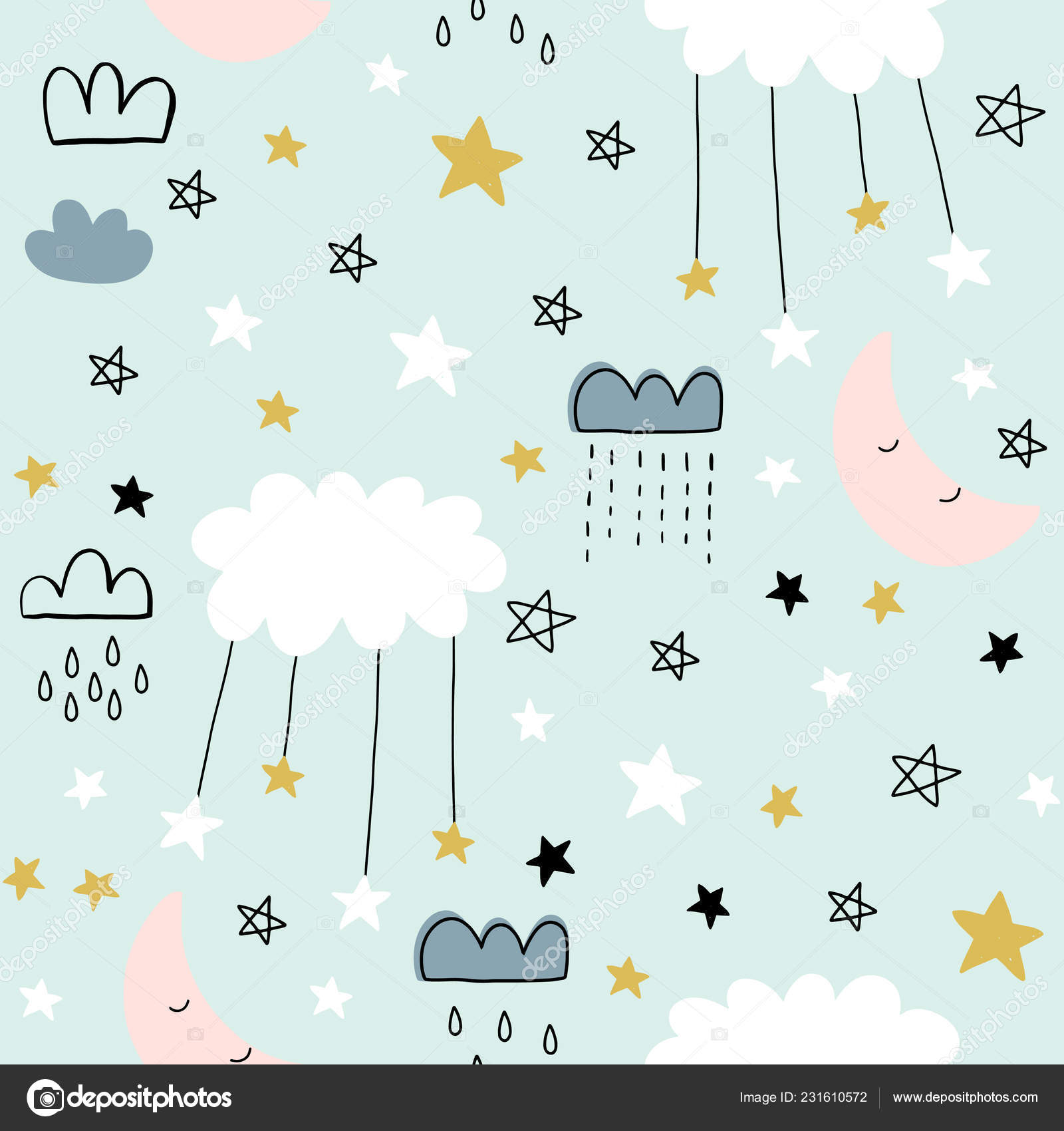 Seamless cute pattern for kids, children. Clouds moon stars background.  Scandinavian style for fabric, wallpaper, planner, sticker Stock Vector  Image by ©@ #231610572