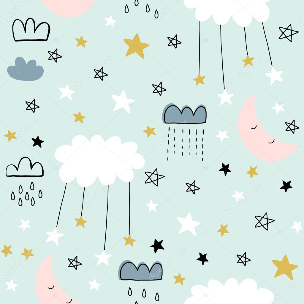 Seamless cute pattern for kids, children. Clouds moon stars background. Scandinavian style for fabric, wallpaper, planner, sticker