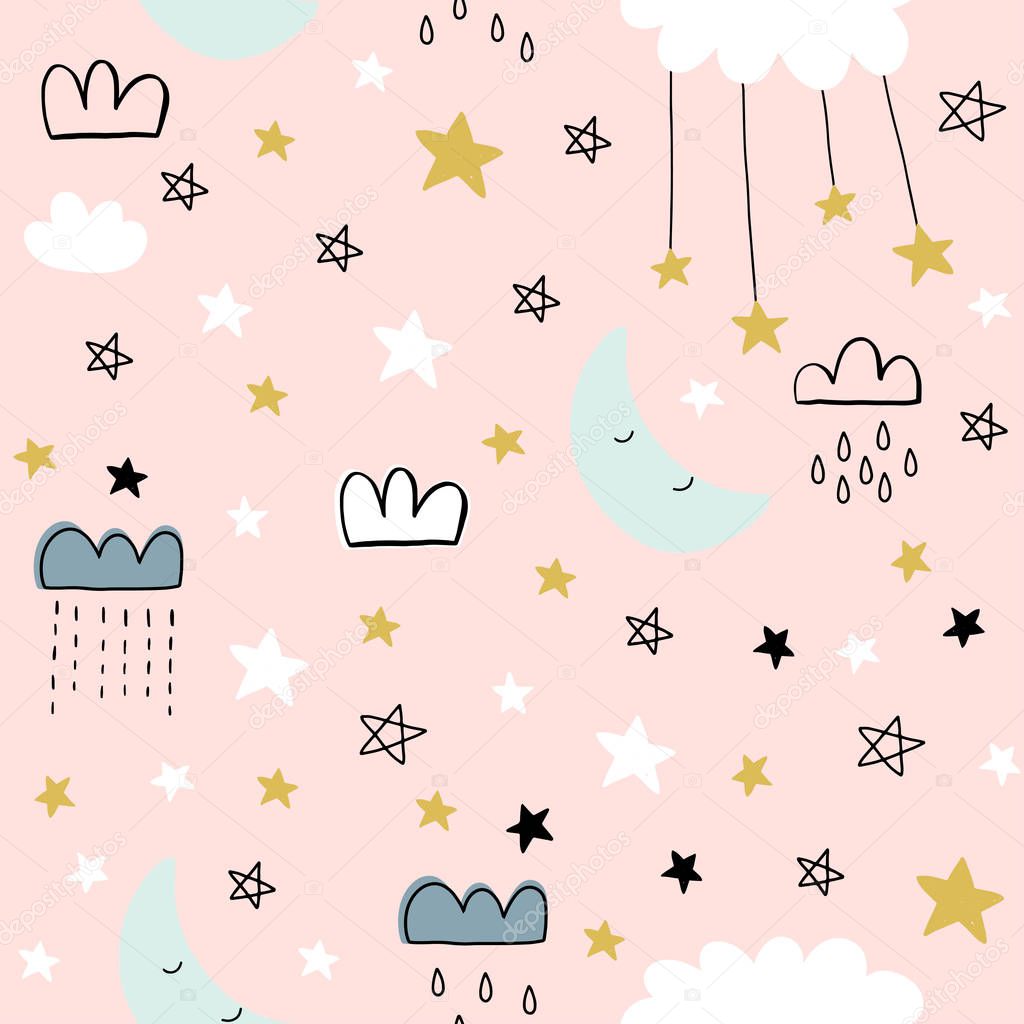 Seamless cute pattern for kids, children. Clouds moon stars background. Scandinavian style for fabric, wallpaper, planner, sticker