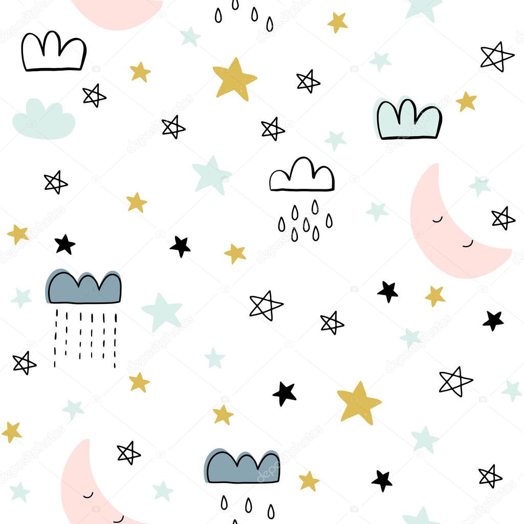 Seamless cute pattern for kids, children. Clouds moon stars background. Scandinavian style for fabric, wallpaper, planner, sticker