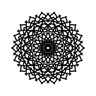 Geometrik mandala tasarımı, temiz beyaz bir arkaplan karşısında ayrıntılı siyah desenler sergiliyor. Dekorasyonlar, sanatsal esinlenmeler ve barışçıl bir atmosfer yaratmak için mükemmel..
