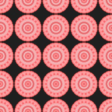 Siyah zıt bir arkaplan üzerinde pembe mandala benzeri çiçek desenleri olan kusursuz bir desen. Tekstil, duvar kâğıtları ve zarif estetik projeler için ideal..