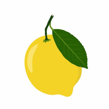 Beyaz arka planda yeşil yapraklı parlak sarı bir limonun tertemiz, minimalist dijital bir çizimi. Yemek, turunçgiller, botanik ve sağlıklı yaşam temaları için mükemmel..