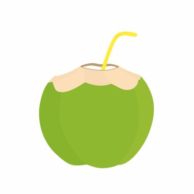 İçmek için sarı kamışla servis edilen yeşil hindistan cevizinin düz çizimi. Tropikal içecekleri, hidratasyonu, tatil havasını ve minimalist bir şekilde gösterilen sağlıklı yaşamı temsil eder..