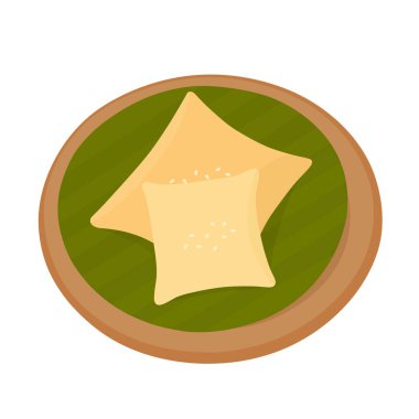 Geleneksel Endonezya veya Güneydoğu Asya atıştırmalıklarının muz yaprağına sarılıp yuvarlak ahşap bir tabağa konulmuş düz vektör çizimi. Kültürel ve aşçılık mirasını gösteriyor..