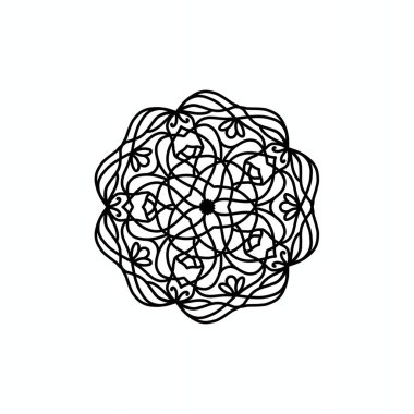 Karmaşık çiçekli ve dairesel şekilli zarif siyah çizgi mandala tasarım geçmişi veya farkındalık görselleri için idealdir. Temiz beyaz bir arkaplan üzerinde karmaşıklık ve denge saçan simetrik bir geometrik desen.