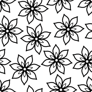 Basit ve zarif siyah ve beyaz desenli. Şekillendirilmiş taç yapraklı çiçekli motifler. Tekstil, arka plan, duvar kağıtları ya da yaratıcı tasarım projeleri için mükemmel..