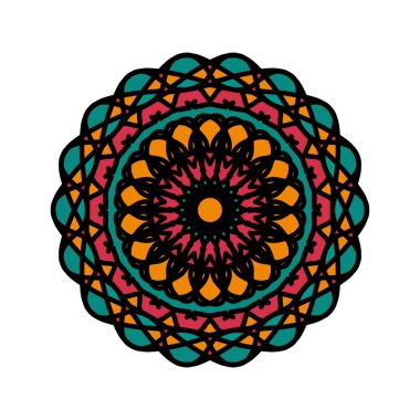 Karmaşık desenlere sahip canlı tasarlanmış mandala, simetri ve canlı renkler sergiliyor, sanatsal ve kültürel güzelliği yansıtıyor..