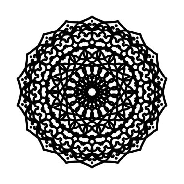 Büyüleyici bir siyah mandala tasarımı. Beyaz arka plan merkezli güzel detaylı geometrik desenler içeriyor. Sanatsal tasarımlar, meditasyon sembolizmi ya da dekoratif kullanım için mükemmel..