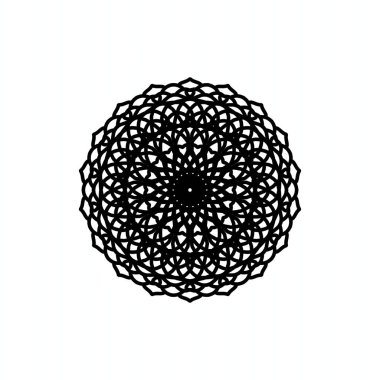 Beyaz arka planda simetrik bir geometrik tasarım içeren karmaşık siyah mandala. Çeşitli uygulamalar ve ortamlarda dekoratif, sanatsal veya ruhani tasarım kavramları için mükemmel.