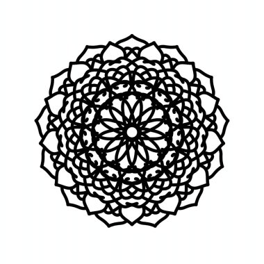 Dekorasyon ve meditasyon amaçlı denge ve sanatsal tasarımı temsil eden, beyaz arka planda simetrik desenleri olan karmaşık siyah mandala.