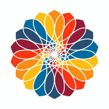 Canlı geometrik mandala deseni, canlı tonlarda üst üste binen renkli elementlerin simetrik düzenlemelerini içererek görsel olarak memnun edici bir sanatsal kompozisyon oluşturur..