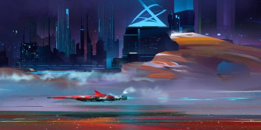 dağlar, renkli gece harika kentsel cyberpunk yatay