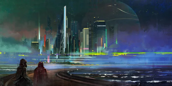 Нарисовал фантастический ночной город мегаполиса в стиле киберпанка — стоковое фото