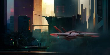 fantastik boyalı sabah cyberpunk Stil peyzaj gökdelenler ile