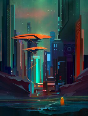 fantastik cyberpunk yatay, gökdelenler ve gezgin çizilmiş