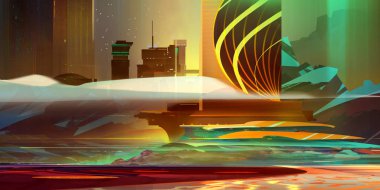 art industrial landscape in warm colors in the style of cyberpunk