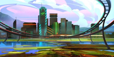 parlak çizilmiş fantastik gelecekteki yatay, gökdelenler