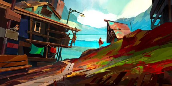 Pintado paisagem brilhante com casas e uma menina — Fotografia de Stock