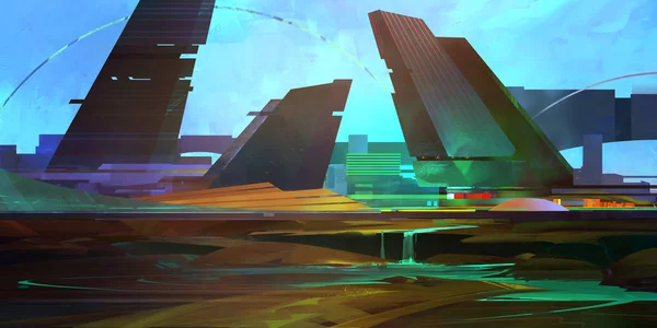 Maloval barevné Fantastické město budoucnosti ve stylu cyberpunk — Stock fotografie