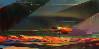 fantastik cyberpunk tarzında parlak manzara boyalı