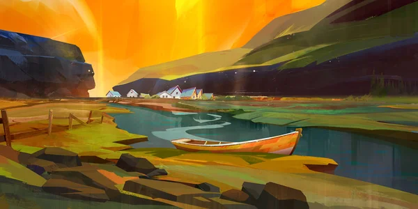 Paysage peint lumineux avec bateau et maisons — Photo