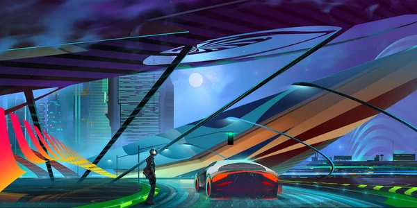 車で描かれた夜の背景幻想的なサイバーパンクの街並み — ストック写真