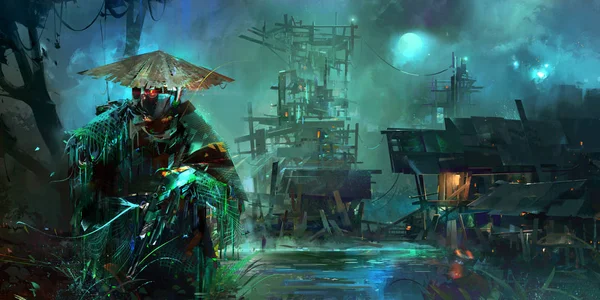 Drawn night fantastic cyberpunk style landscape with a soldier — Stock Photo, Image