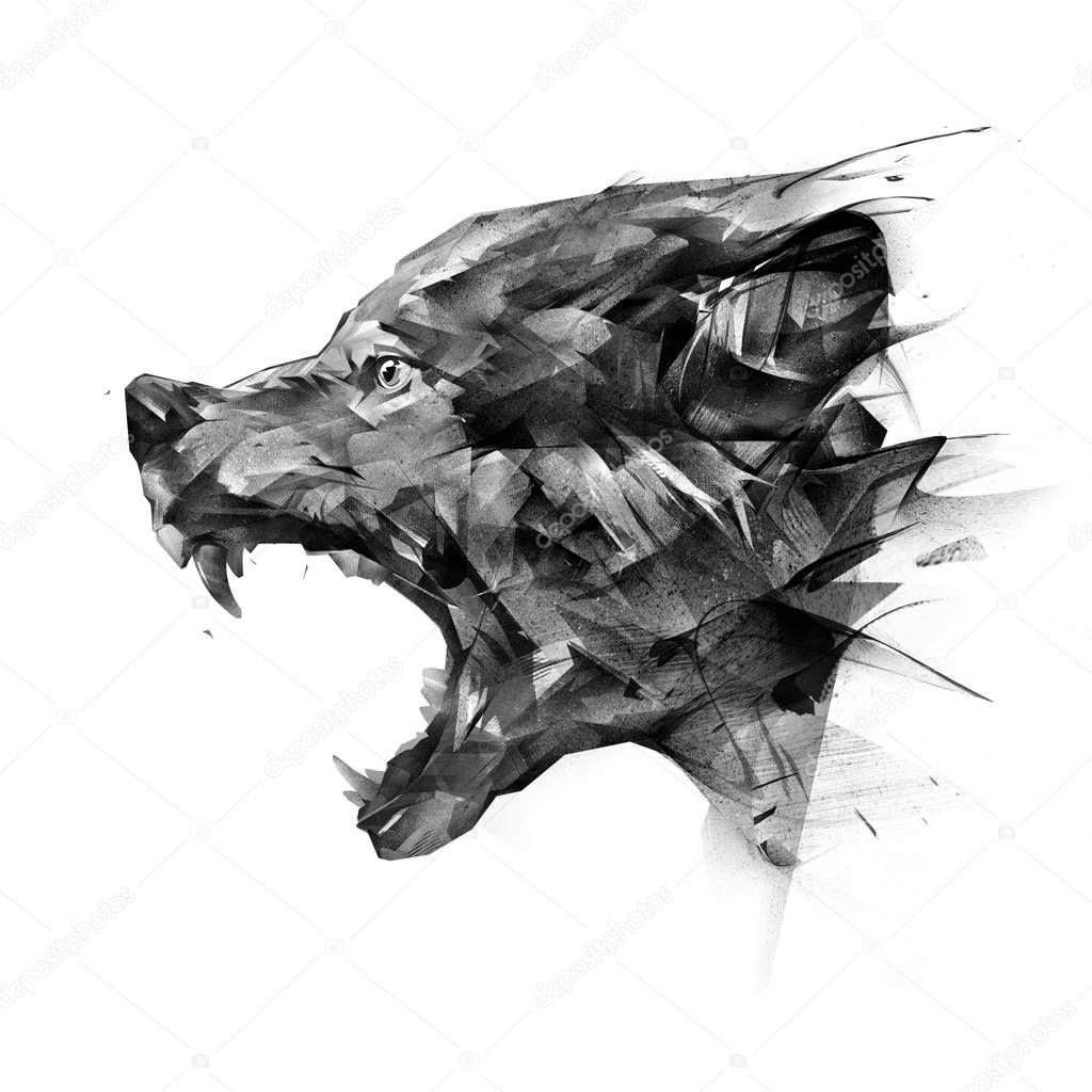 Sketch side view portrait of a wolf on a white background