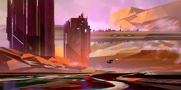 Pintado brillante paisaje fantástico del futuro en estilo cyberpunk —  Fotos de Stock