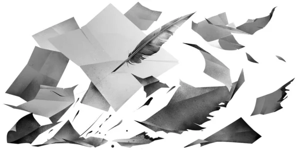 Kreslené letící listy papíru s pírkem na bílém pozadí — Stock fotografie