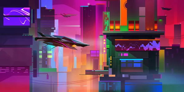 Pintado brillante paisaje urbano del futuro en estilo cyberpunk —  Fotos de Stock