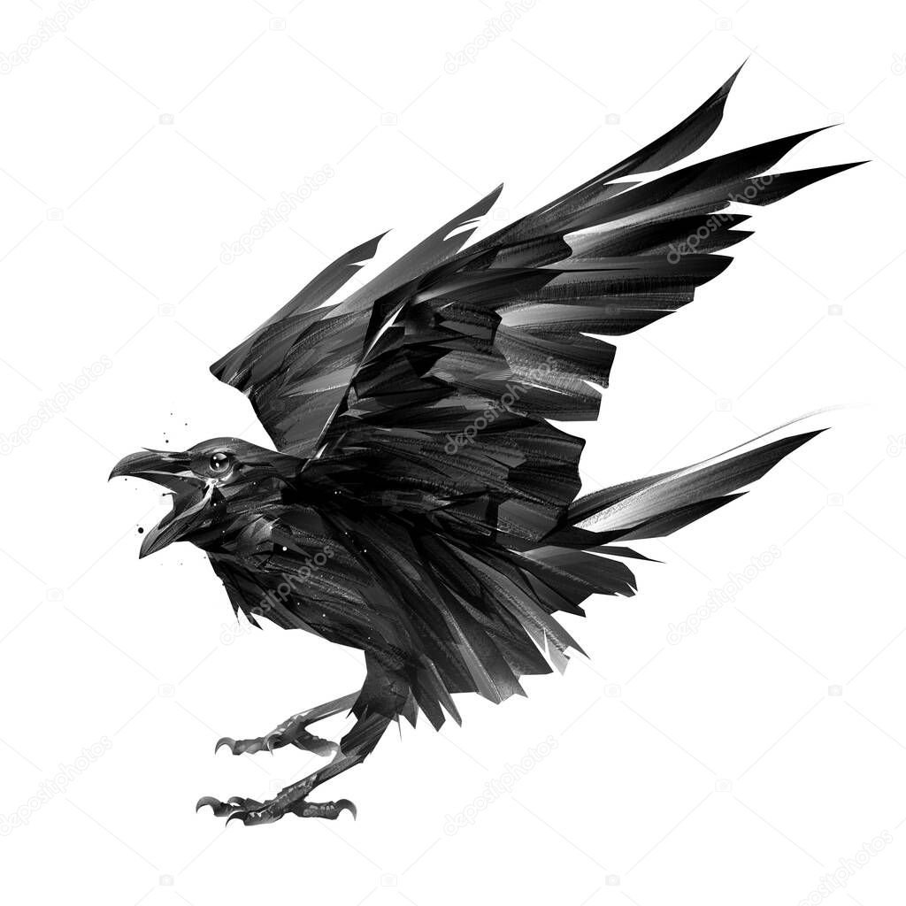 Sketch bird crow on a white background with an open beak