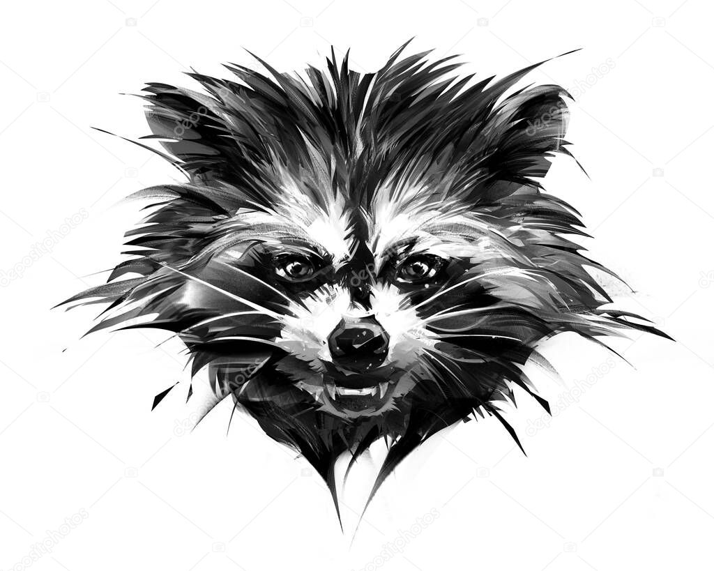 Sketch animal raccoon with a vicious grin on a white background