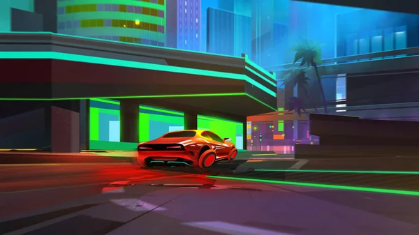 painted bright night landscape. Cyberpunk city with the car of the future.