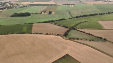 Bu hava görüntülerinde çeşitli tarım arazileri ve açık mavi gökyüzü altında büyüleyici kırsal manzaralar sergileniyor.