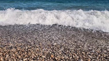 Sakin bir sahil sahnesinde yumuşak dalgalar berrak bir gökyüzünün altında durmaksızın yuvarlanır.