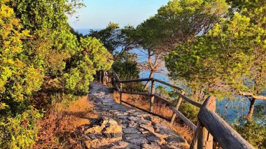 Taştan bir patika, bereketli bitki örtüsü ve berrak mavi sularla çevrili çarpıcı kıyılara götürür ve dinginlik yaratır.