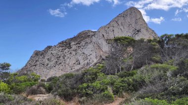 A stunning view of a rocky cliff near the coast, surrounded by lush vegetation and a clear blue sky