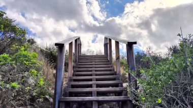 This scenic view features a wooden staircase rising through lush greenery, framed by a stunning sky overhead