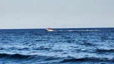 Yüksek hızlı bir tekne huzurlu sularda hızla ilerliyor, dingin deniz güzelliğini güzel bir şekilde yakalıyor.