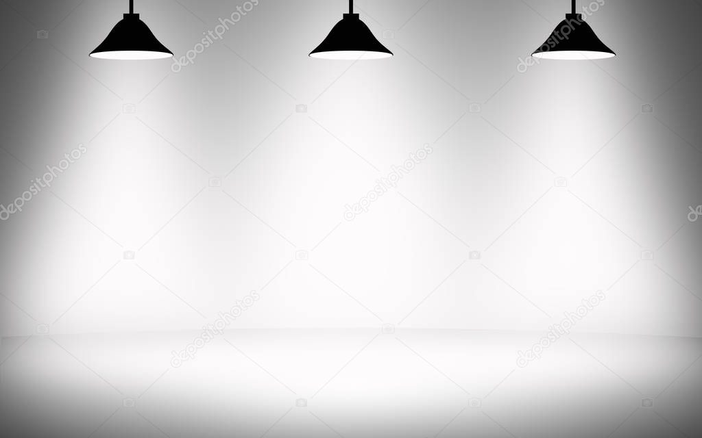 white grey studio room, background with light lamp for display your of content or product.