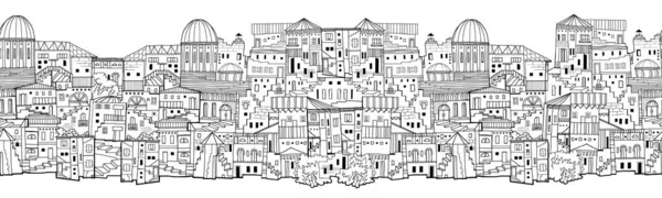 Nahtlose Architektonische Mustergrenze Des Südlichen Stadtbildes Handzeichnung Schwarz Weiß — Stockfoto