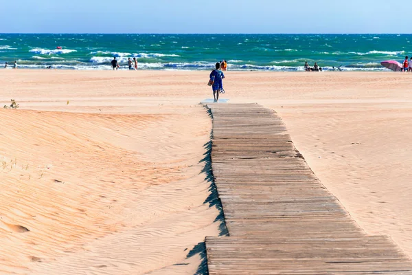 Passerelle Bois Dans Sable Sur Une Plage Espagnole Pour Accéder — Photo