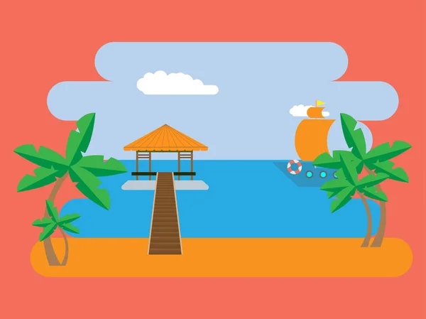 Postkarte mit einem Bungalow am Strand — Stockvektor