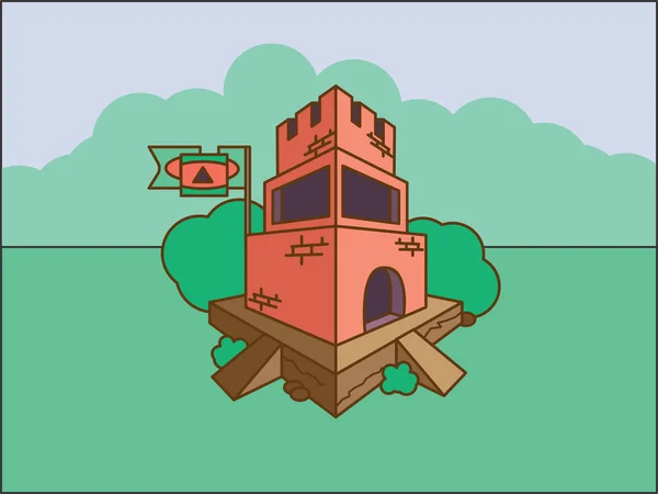 Burg. Illustration eines Cartoons alte Festung einer mittelalterlichen Burg, Wald, Bäume und Mauer aus Steinen mit einer Fahne im Wind. — Stockvektor