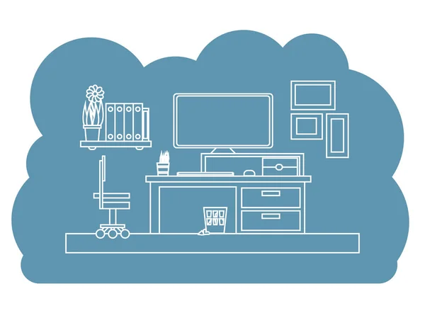 Bosquejo del interior de la oficina. Moderno espacio de trabajo para negocios con muebles de oficina: una silla, un escritorio, una computadora, una estantería. Ilustración vectorial . — Vector de stock