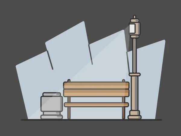 Un banco en un parque vacío bajo la luz de una linterna. Cerca de la urna o macizo de flores. ilustración . —  Fotos de Stock