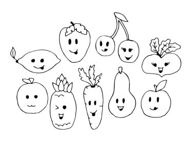 Sebze sevimli karakterler yüz beyaz arka plan illüstrasyon izole karikatür. Komik sebze yüz simgesi toplama. Çizgi film yüz gıda emoji. Sebze güçlü duygu. Komik gıda kavramı.