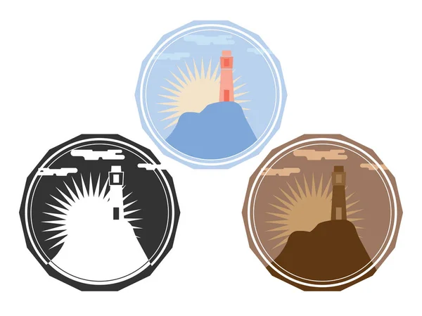 Leuchtturm auf der Insel, umgeben von Vegetation und Bergen. Reihe von Symbolen, Logos. Landschaft, Hintergrund. — Stockfoto